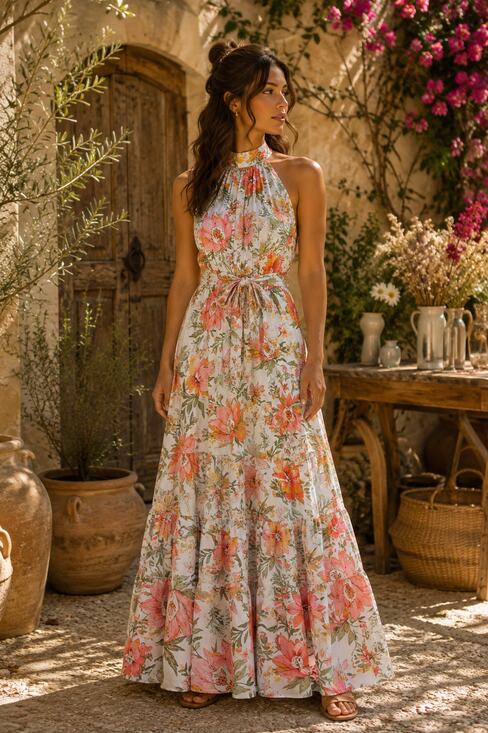 Petal & Pup Dresses & Skirts - Petal & Pup  Floral Halter Maxi Dress in White with Orange & Green Size 6